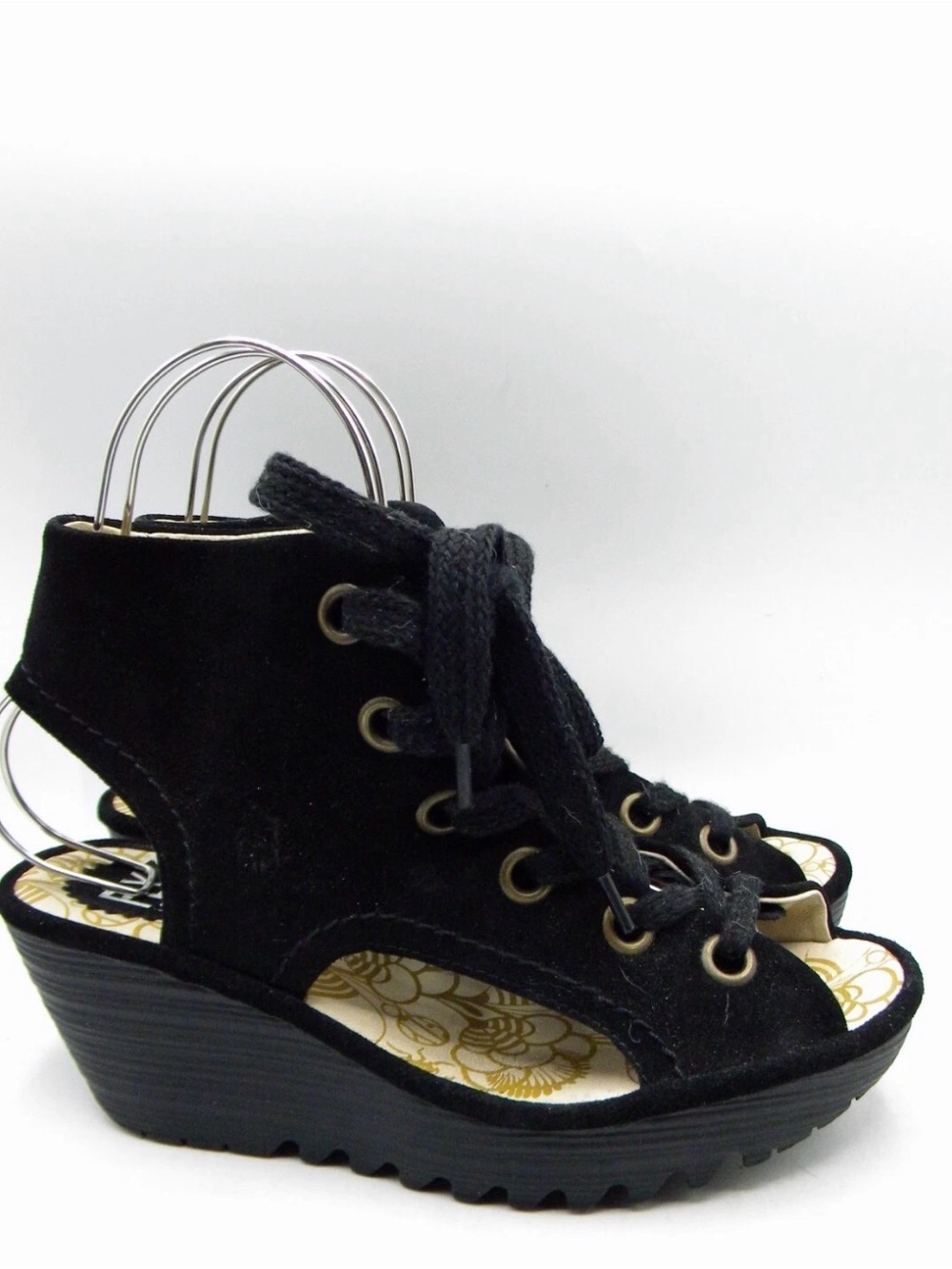 FLY LONDON Yaba Black Suede Wedge Heel Lace Up Sandals Size EU 39